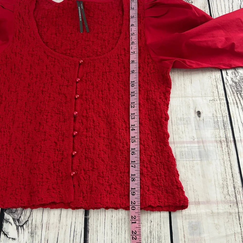Anthropologie Red Textured Popcorn Knit Puff Sleeve Button Front Smocked Top L